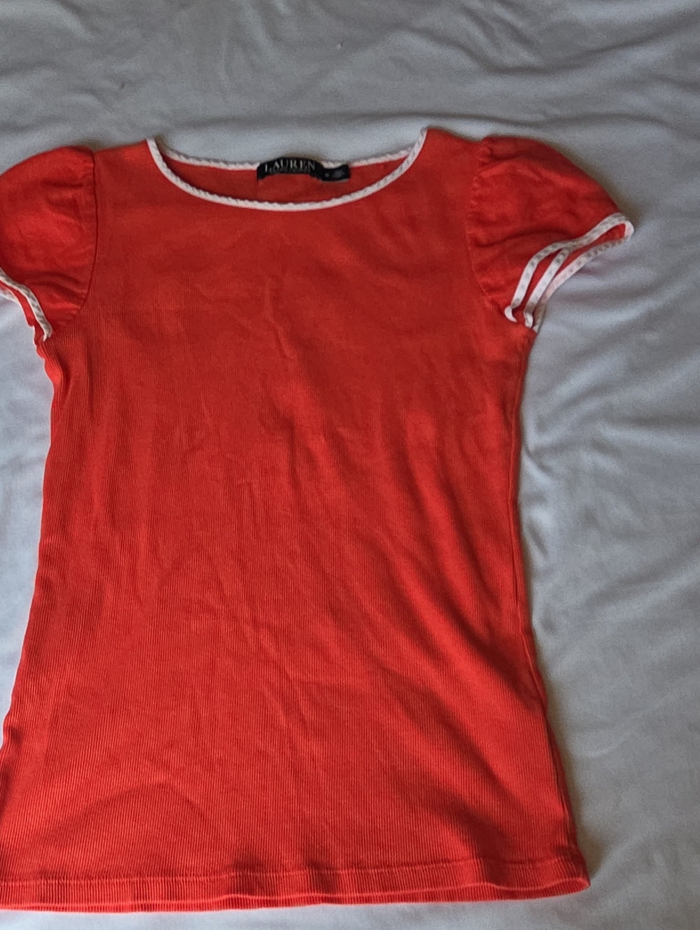 Lauren Ralph Lauren Coral Short Sleeve Knit Top with White Trim